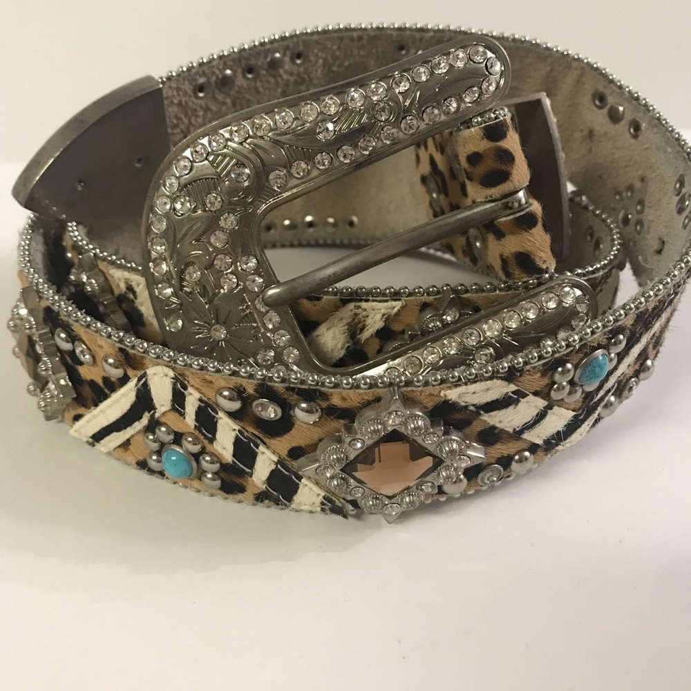 Fur Leather Belt L Silver Rhinestone Studded Buckle